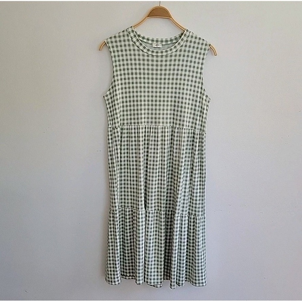 NLT Sleeveless Midi Dress Medium Green Gingham Check Cottagecore Garden Picnic